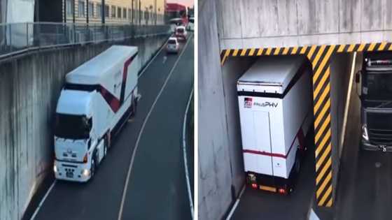 Truck driver's epic skills goes viral as long vehicle squeezes through tight street and narrow tunnel