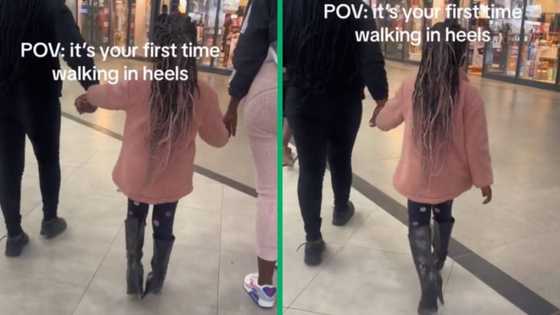 South African toddler wears big high heel boots to mall for the 1st time, Mzansi amused: "I would walk fast"