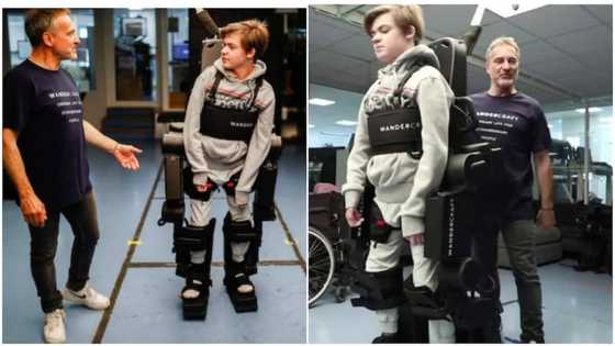 Son who has been on wheelchair walks after father built a robot for him that moves his legs and arms
