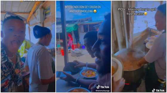 Young man & friends hype beans seller before buying food, sing while eating in video