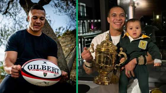 RWC: Cheslin Kolbe's son munches on gold medal after Springboks' win: "Breakfast of champions"