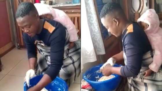 Man helps pregnant bae by baking bread with other kid on his back, TikTok users applaud him, “Indoda Emadodeni”