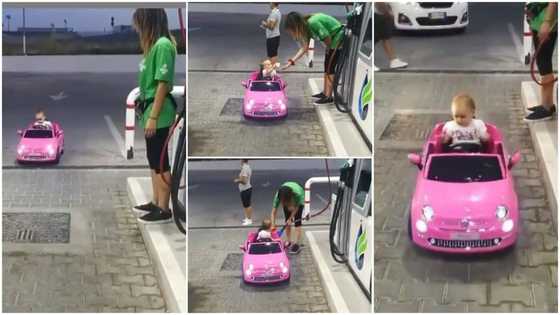 Baby drives her toy car into filling station, pays attendant to buy fuel, lady pretends to sell in viral video