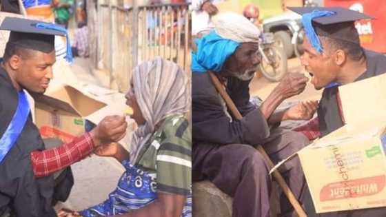 Fresh graduate shares his celebratory cake with homeless people in the street, praised for positivity