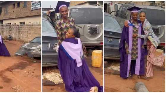 Graduate runs to her father's mechanic workshop, hugs and dresses him in her graduation clothes in clip