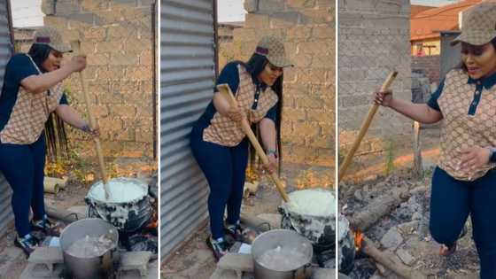 SA shares funny reaction to video of stylish lady rocking Gucci & long weave trying to cook pap over open fire