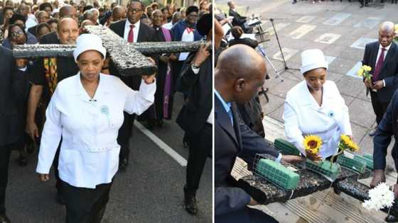 KZN Premier Nomusa Dube-Ncube carries cross to Durban City Hall as part of Good Friday remembrance ceremony