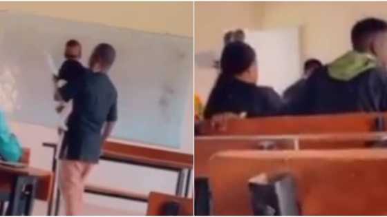 Kind lecturer carries little baby so that mom could focus in class