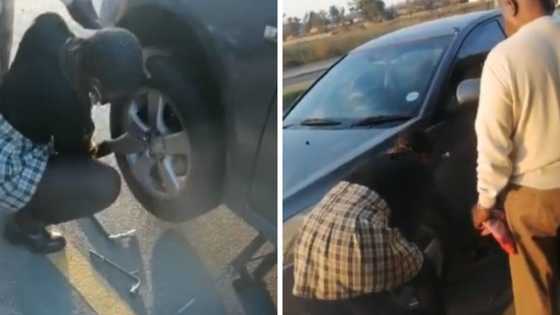 TikTok video of woman changing car tyre despite crowd of onlookers: “Beniyaphi?”