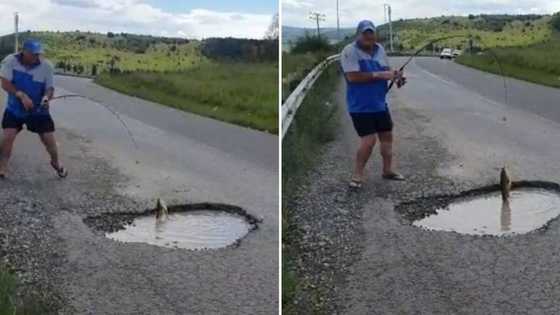 Video of SA man fishing from huge pothole on a road in Kokstad goes viral: "Minister of fish is loading"