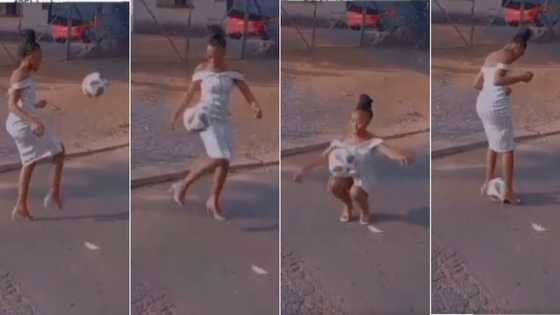 "Who is she?": Video shows skilled lady kicking soccer ball in heels, SA impressed