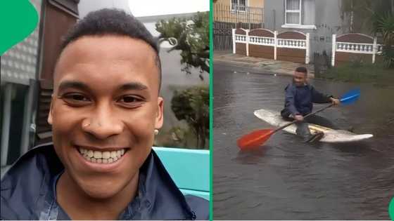 "Why are we like this?": Singing Cape Town man rows in flooded street, Mzansi laughs