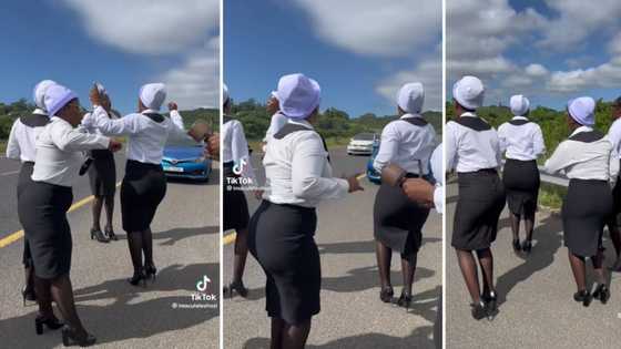 Lutheran Church women in uniform and heels praise and worship on the highway in viral TikTok video