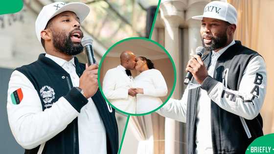 Sizwe Dhlomo wins hearts with sharp look at Anele Mdoda's engagement party: "No cowboy vibes this time"