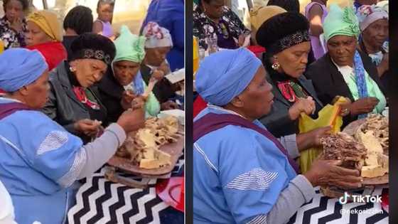 TikTok video shows Gogo bagging meat while eating at event, Mzansi guess she’s stashing food for grandkids
