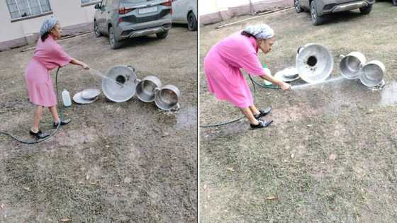 Makoti creatively washes pots with hosepipe, Mzansi can't deal with how hilarious the whole thing is