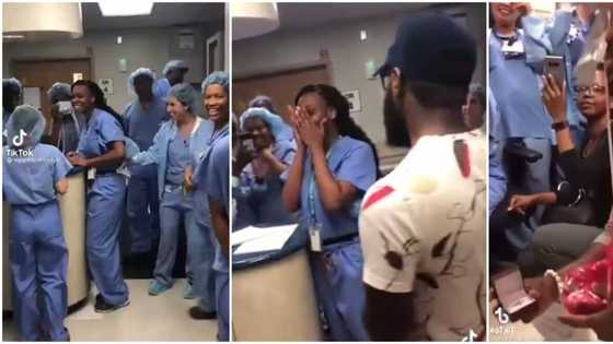 Man embarrasses girlfriend as he shows up at her hospital to seek her hand in marriage in cute proposal video