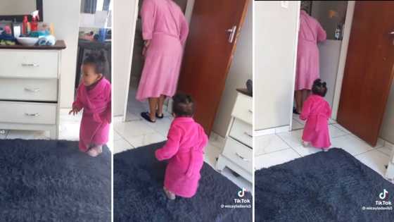 Cute toddler mirrors grandmother's slow walk, video of duo wearing matching pink gowns amuses SA