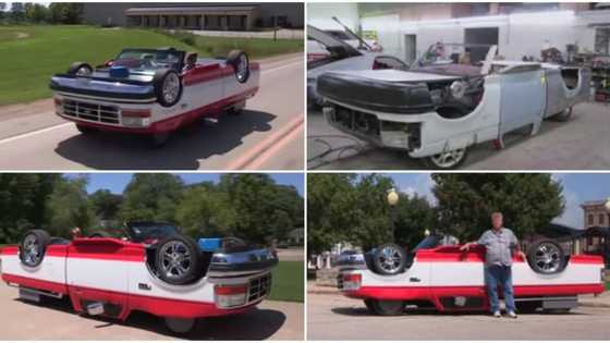 Man builds upside-down car with 4 tyres, doors and body parts reversed, causes stir on street as he rides it