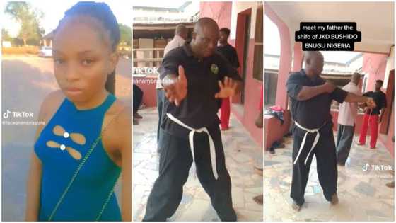 Lady shares video of dad demonstrating amazing kung fu skill, warns men not to mess with her heart