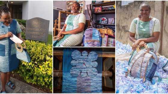 Woman makes beautiful bags, clothes, shoes from nylon waste