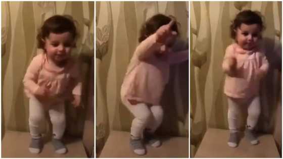 Cute kid vibes to 1958 rock hit song, shows great excitement at the beat; many react