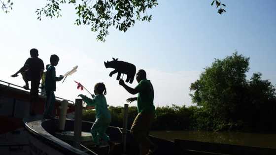 Indonesian uses puppets to teach threat to world's rarest rhinos