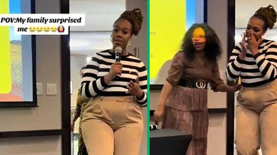 Woman cries as mom surprises her with visit mid-work presentation, TikTok video moves Mzansi