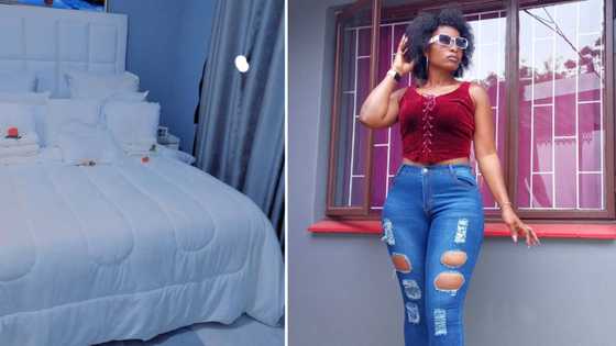 Young lady shows off pretty bedroom with neutral-coloured theme of white and grey, space gets complimented