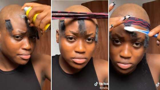 Hilarious video of bald woman's strange 3-piece hairdo leaves Mzansi busting & with many questions: “Yini le?”