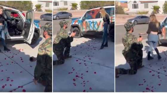 Lady screams at soldier boyfriend for spray painting her car with 'marry me', rejects proposal