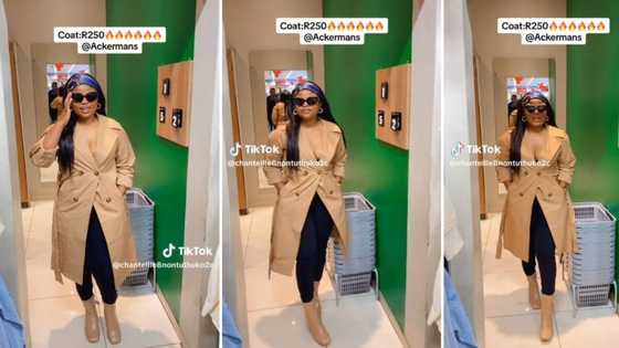 Woman posts video of trendy winter outfit bought from Ackermans, SA gushes over R250 trench coat
