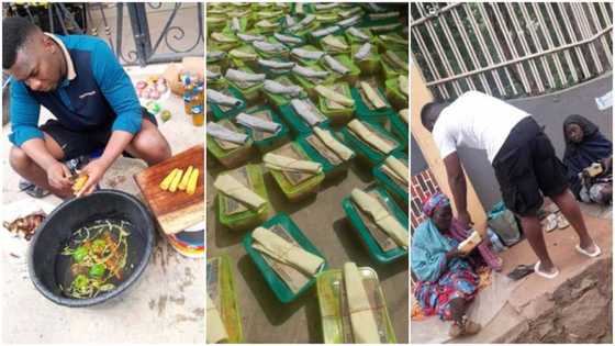 Young man cooks food, puts money on top, gives them to beggars