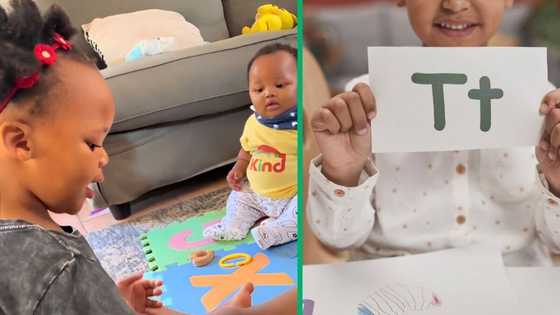2-year-old girl teaches baby brother alphabet, Mzansi gushes: "Beautiful moment"