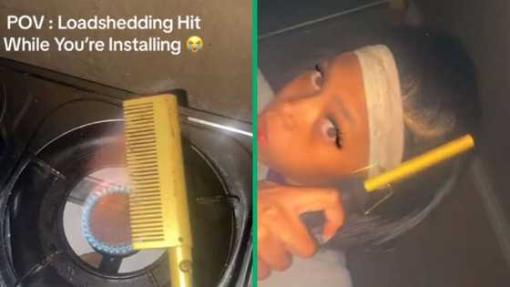 South African woman uses gas stove to heat electric hot comb while styling lace wig during loadshedding