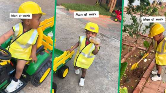 Video of toddler riding R5k toy tractor in construction gear melts SA hearts: “Man on a mission”