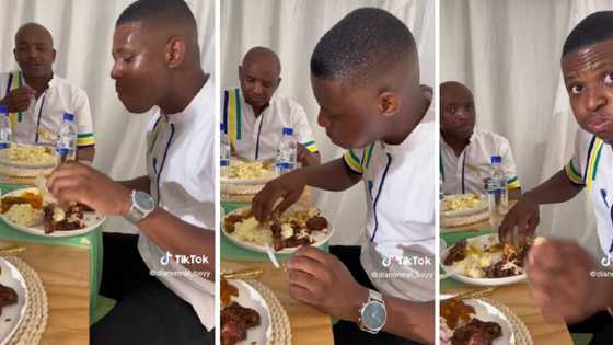 Man eats with 2 spoons and stuffs face with hands at event in video, netizens cackle: "He's even sweating"