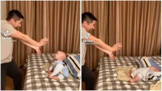 He understood the assignment: Baby falls on bed dramatically as he and dad 'fight' in funny video