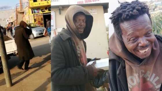 BI Phakathi comes to the rescue of man scrounging for food in dustbin: "You put a smile on his face"