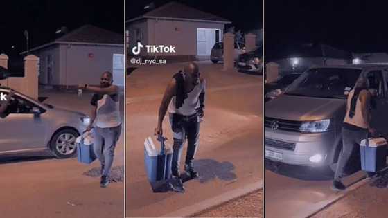 Man returns home from groove and immediately goes to 2nd party before reaching door, SA amused, "At least touch the gate"