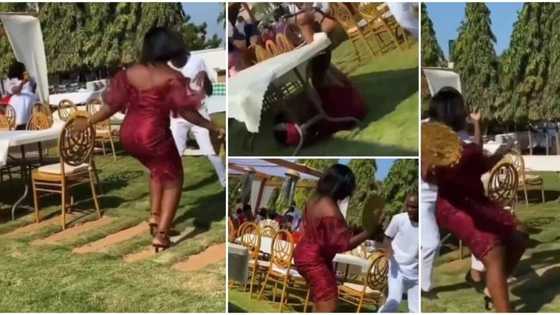 Lady on heels falls down while dancing, stuns everyone as she picks herself up and continues