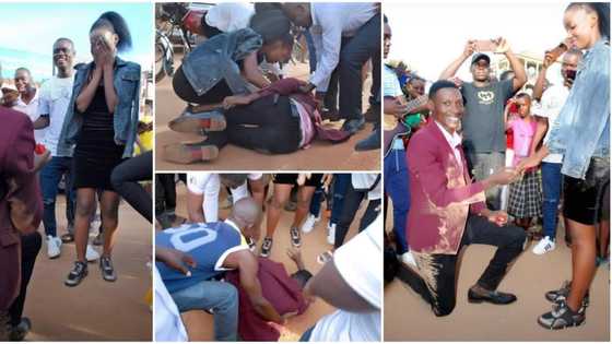 Man in Suit Rolls Himself on the Ground as he Proposes to His Girlfriend
