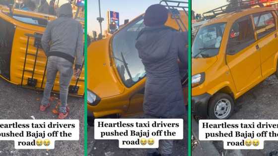 Bajaj pushed off road by taxi drivers, bystanders help get car back on its wheels, video leaves SA divided