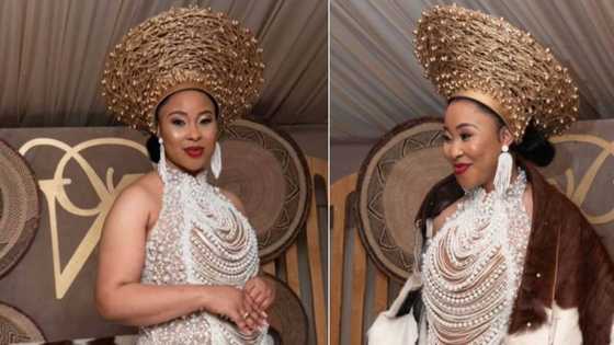 Mzansi bride wears striking wedding dress with Zulu elements, TikTok video of intricate beadwork and cow skin has SA in awe
