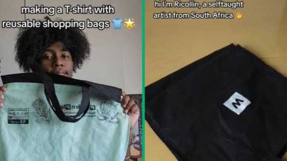 Man uses Woolworths and Pick 'n Pay shopping bags to sew t-shirt, TikTok video of artistic talent impresses SA