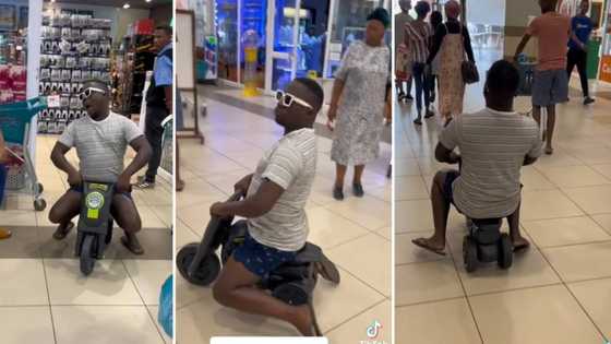 Grown man causes chaos at shopping centre riding kids' scooter, Mzansi stunned