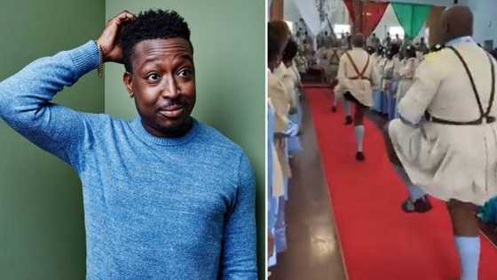 Video of men in short dresses and high socks hopping into church leaves Mzansi puzzled