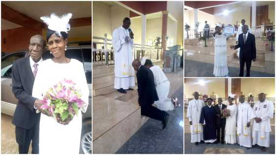 Elderly couple ties the knot in a church wedding ceremony after decades together