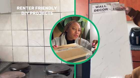 Affordable kitchen upgrade: woman's TikTok video amazes South Africans with R35 stick-on tile DIY