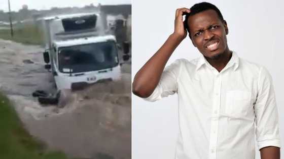 Eish: Video of truck stuck in the middle of a flooded waterway leaves peeps confused, “Where was he going?”